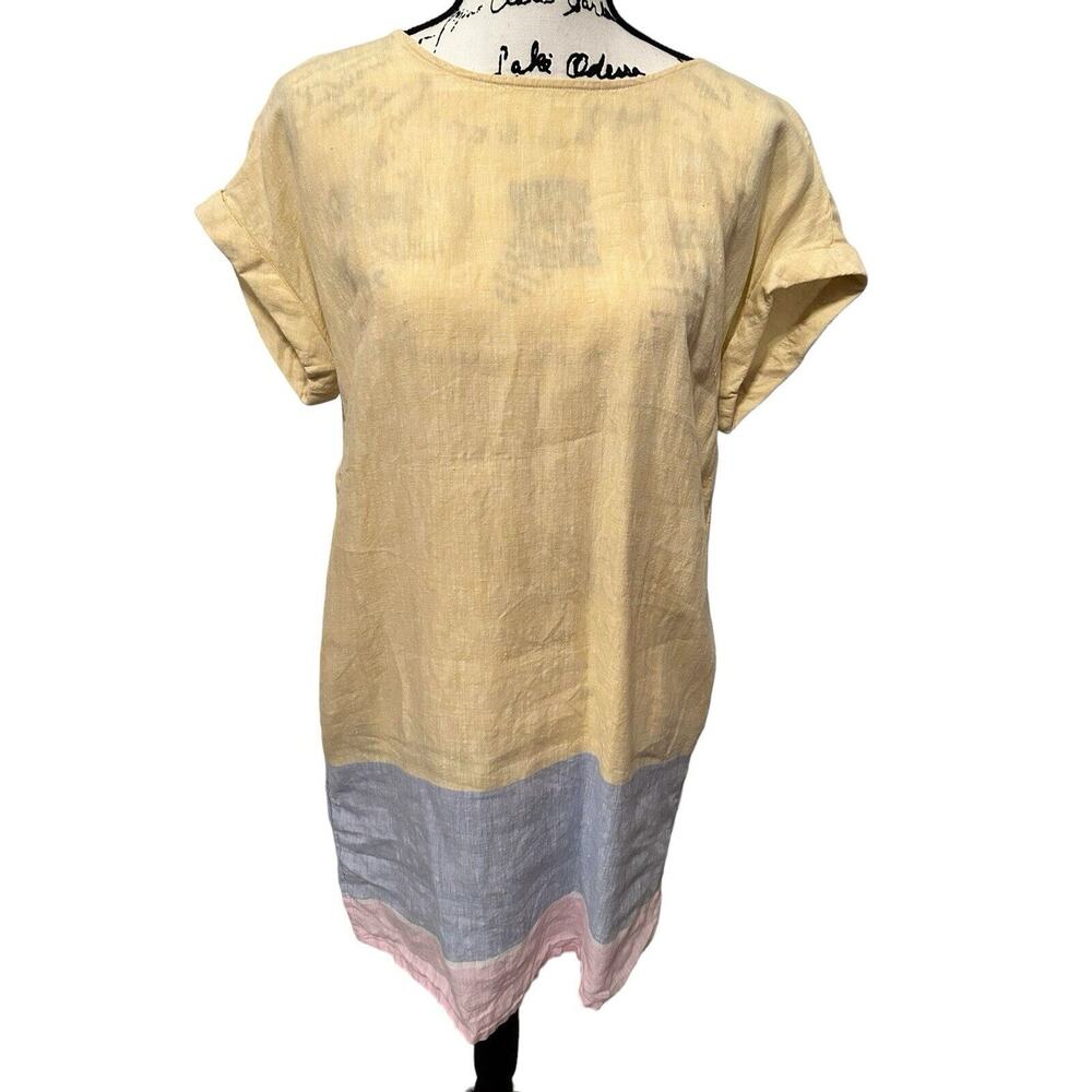 C&C California Yellow Blue Pink 100% linen Knee Length dress. Size‎ M